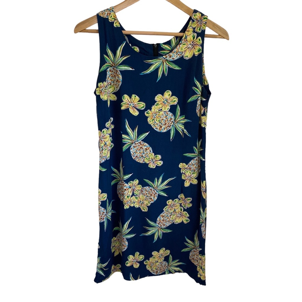 Two Palms Hawaiian Dress Pineapples and Flowers Blue and Yellow